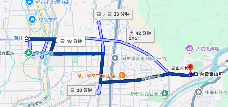 Bus route from Jiushe MRT Station to the Dakeng trail start