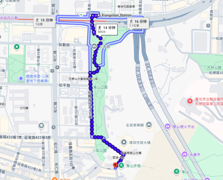 Walking directions from Xiangshan MRT Station to the Elephant Mountain trailhead